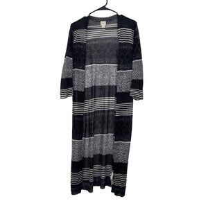 Chicos Women Long Open Front Duster Cardigan Sweater Size 2 Black&White Striped
